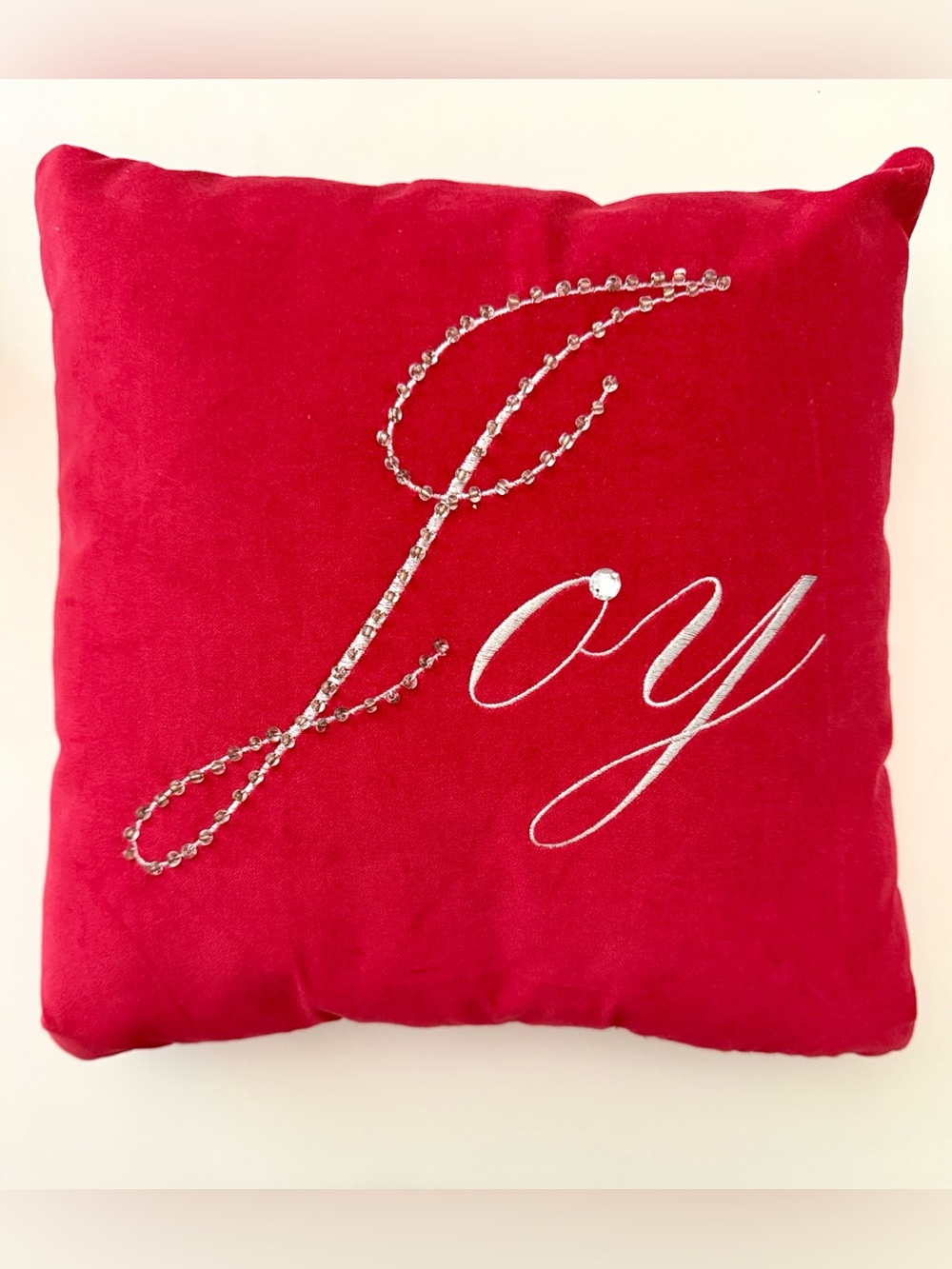 14x14 Red Bling Cursive Embroidered Joy Throw Decor Pillow